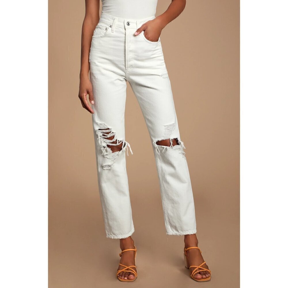 AGOLDE 90's Mid Rise White Loose Fit Distressed Jeans Wash Desert Natural US 28